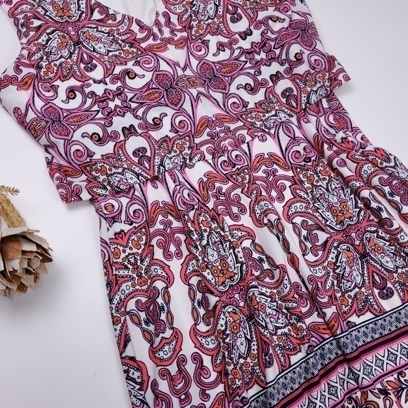 Vince Camuto Pink White Boho Print V-Back Dress Size 14 - Picture 10 of 14